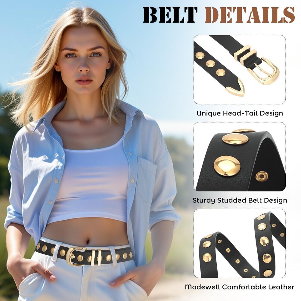 1933 Women Studded Belt For Jeans Dress Fashion Punk Leather Belt Black Belt - Picture 4 of 6